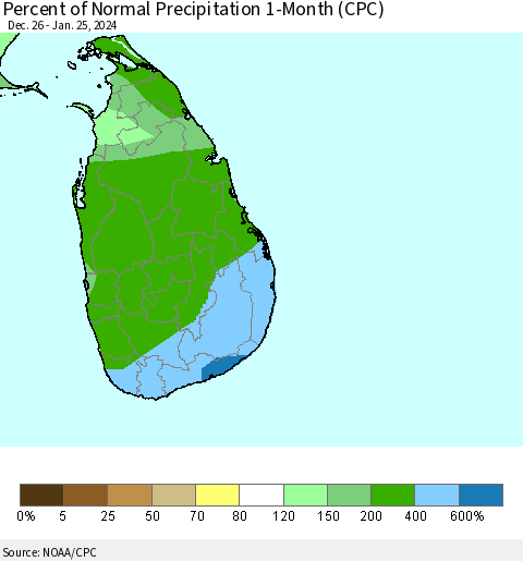 Sri Lanka Percent of Normal Precipitation 1-Month (CPC) Thematic Map For 12/26/2023 - 1/25/2024