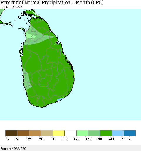 Sri Lanka Percent of Normal Precipitation 1-Month (CPC) Thematic Map For 1/1/2024 - 1/31/2024