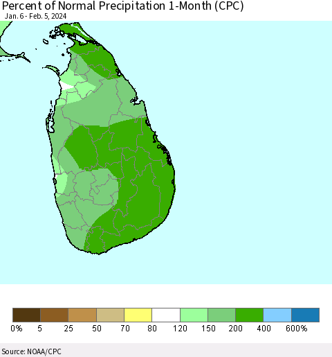 Sri Lanka Percent of Normal Precipitation 1-Month (CPC) Thematic Map For 1/6/2024 - 2/5/2024
