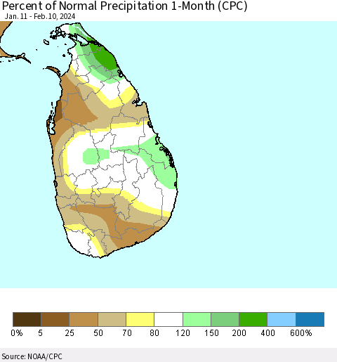 Sri Lanka Percent of Normal Precipitation 1-Month (CPC) Thematic Map For 1/11/2024 - 2/10/2024