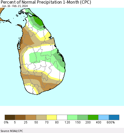 Sri Lanka Percent of Normal Precipitation 1-Month (CPC) Thematic Map For 1/16/2024 - 2/15/2024