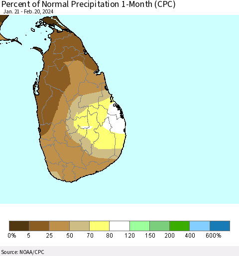 Sri Lanka Percent of Normal Precipitation 1-Month (CPC) Thematic Map For 1/21/2024 - 2/20/2024