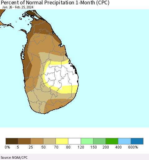 Sri Lanka Percent of Normal Precipitation 1-Month (CPC) Thematic Map For 1/26/2024 - 2/25/2024