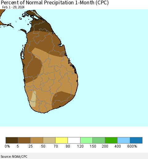 Sri Lanka Percent of Normal Precipitation 1-Month (CPC) Thematic Map For 2/1/2024 - 2/29/2024