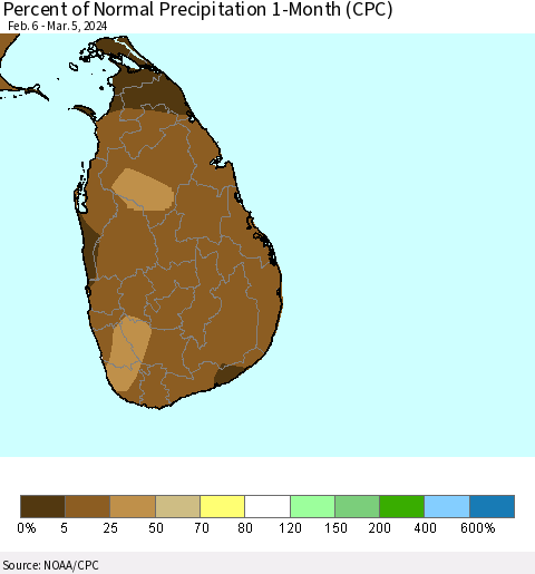 Sri Lanka Percent of Normal Precipitation 1-Month (CPC) Thematic Map For 2/6/2024 - 3/5/2024
