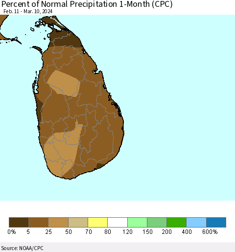 Sri Lanka Percent of Normal Precipitation 1-Month (CPC) Thematic Map For 2/11/2024 - 3/10/2024