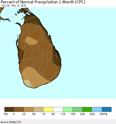 Sri Lanka Percent of Normal Precipitation 1-Month (CPC) Thematic Map For 2/16/2024 - 3/15/2024