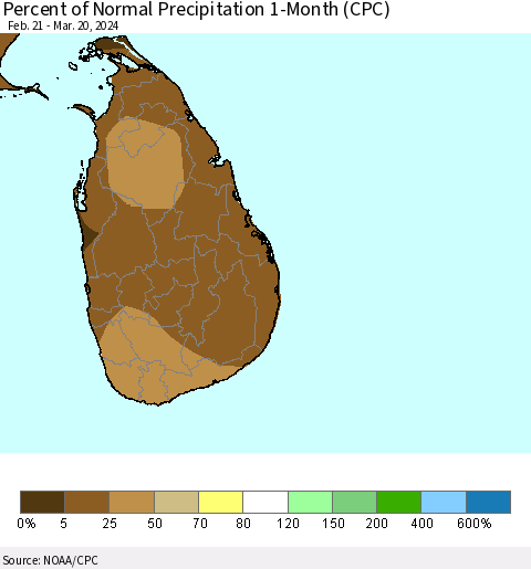 Sri Lanka Percent of Normal Precipitation 1-Month (CPC) Thematic Map For 2/21/2024 - 3/20/2024