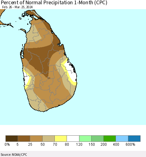 Sri Lanka Percent of Normal Precipitation 1-Month (CPC) Thematic Map For 2/26/2024 - 3/25/2024