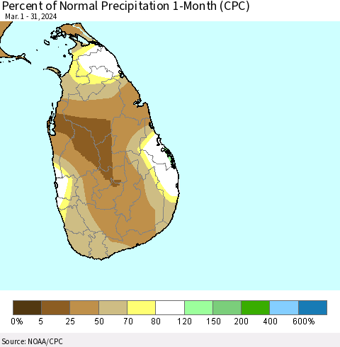 Sri Lanka Percent of Normal Precipitation 1-Month (CPC) Thematic Map For 3/1/2024 - 3/31/2024