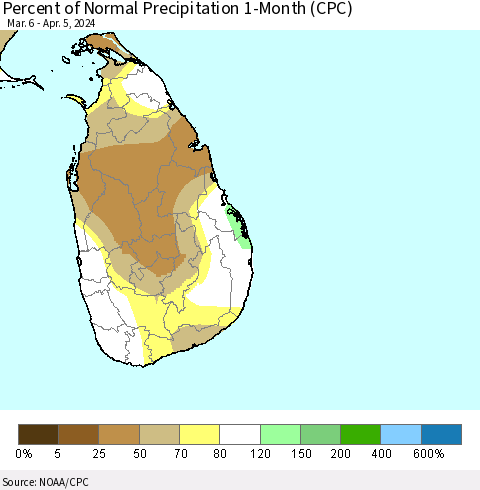 Sri Lanka Percent of Normal Precipitation 1-Month (CPC) Thematic Map For 3/6/2024 - 4/5/2024