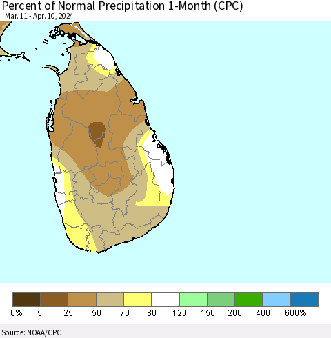 Sri Lanka Percent of Normal Precipitation 1-Month (CPC) Thematic Map For 3/11/2024 - 4/10/2024