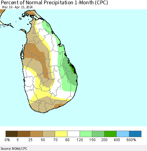Sri Lanka Percent of Normal Precipitation 1-Month (CPC) Thematic Map For 3/16/2024 - 4/15/2024