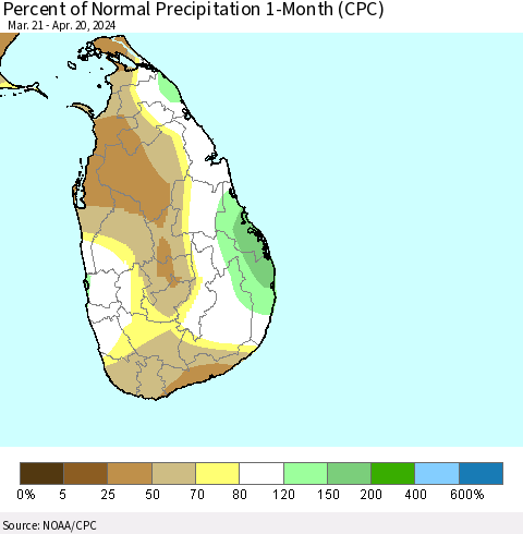 Sri Lanka Percent of Normal Precipitation 1-Month (CPC) Thematic Map For 3/21/2024 - 4/20/2024