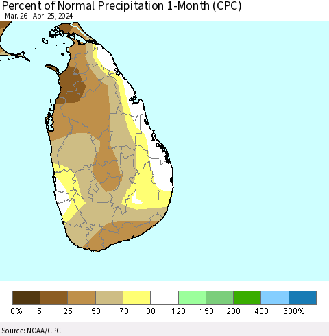 Sri Lanka Percent of Normal Precipitation 1-Month (CPC) Thematic Map For 3/26/2024 - 4/25/2024