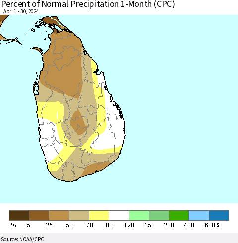 Sri Lanka Percent of Normal Precipitation 1-Month (CPC) Thematic Map For 4/1/2024 - 4/30/2024