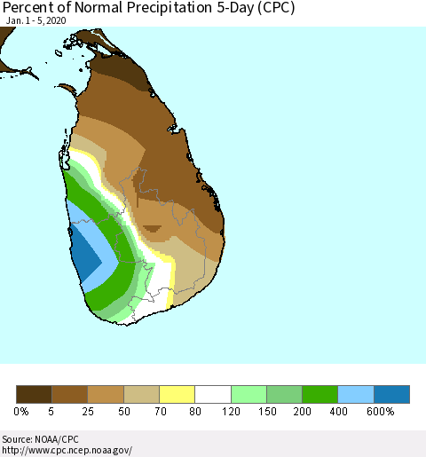 Sri Lanka Percent of Normal Precipitation 5-Day (CPC) Thematic Map For 1/1/2020 - 1/5/2020