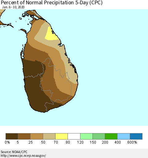 Sri Lanka Percent of Normal Precipitation 5-Day (CPC) Thematic Map For 1/6/2020 - 1/10/2020
