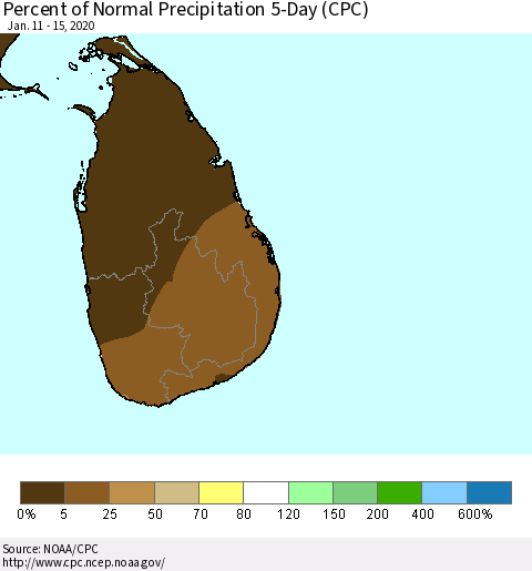 Sri Lanka Percent of Normal Precipitation 5-Day (CPC) Thematic Map For 1/11/2020 - 1/15/2020