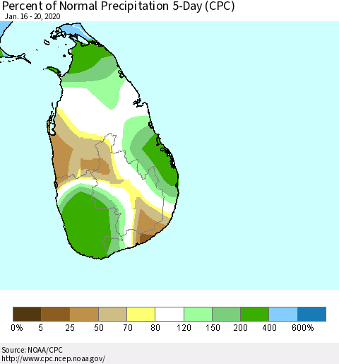 Sri Lanka Percent of Normal Precipitation 5-Day (CPC) Thematic Map For 1/16/2020 - 1/20/2020