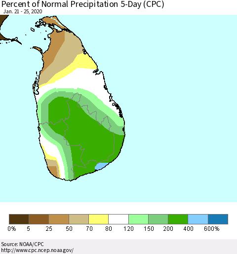 Sri Lanka Percent of Normal Precipitation 5-Day (CPC) Thematic Map For 1/21/2020 - 1/25/2020