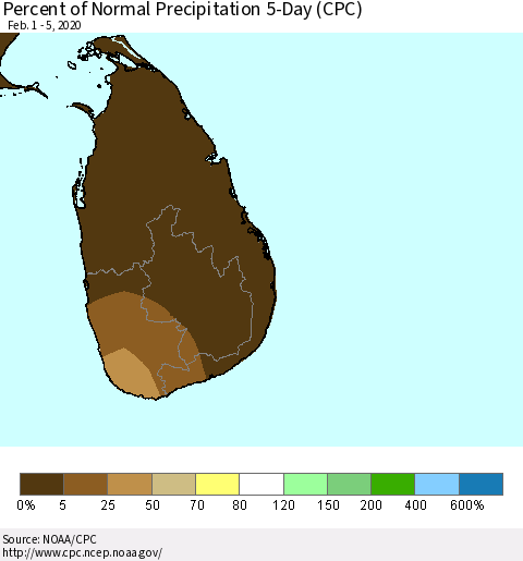Sri Lanka Percent of Normal Precipitation 5-Day (CPC) Thematic Map For 2/1/2020 - 2/5/2020