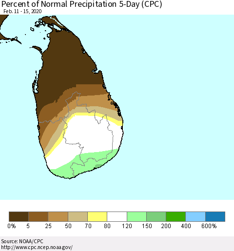 Sri Lanka Percent of Normal Precipitation 5-Day (CPC) Thematic Map For 2/11/2020 - 2/15/2020