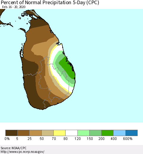 Sri Lanka Percent of Normal Precipitation 5-Day (CPC) Thematic Map For 2/16/2020 - 2/20/2020
