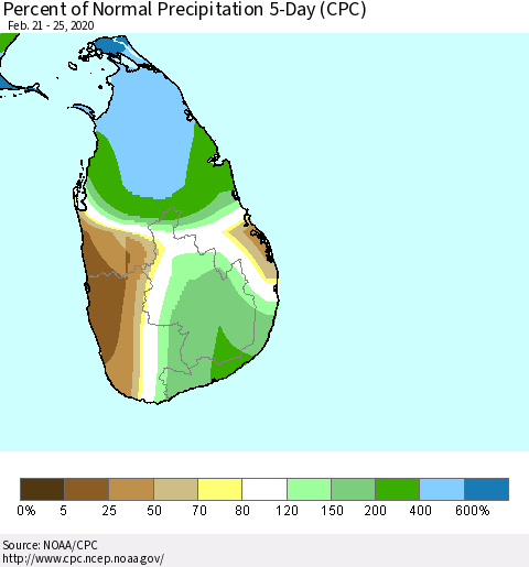 Sri Lanka Percent of Normal Precipitation 5-Day (CPC) Thematic Map For 2/21/2020 - 2/25/2020