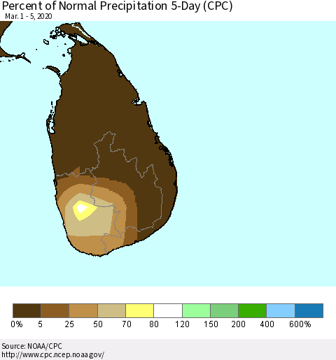 Sri Lanka Percent of Normal Precipitation 5-Day (CPC) Thematic Map For 3/1/2020 - 3/5/2020