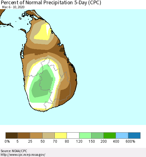 Sri Lanka Percent of Normal Precipitation 5-Day (CPC) Thematic Map For 3/6/2020 - 3/10/2020