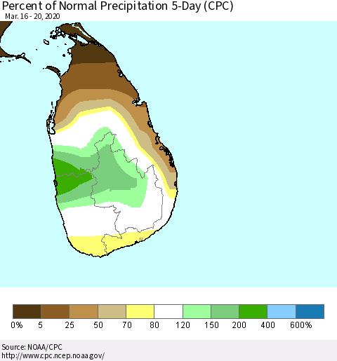 Sri Lanka Percent of Normal Precipitation 5-Day (CPC) Thematic Map For 3/16/2020 - 3/20/2020
