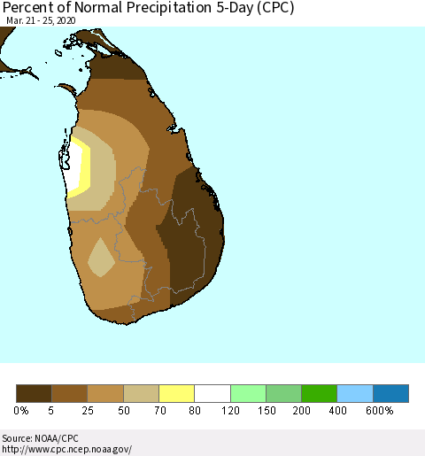 Sri Lanka Percent of Normal Precipitation 5-Day (CPC) Thematic Map For 3/21/2020 - 3/25/2020