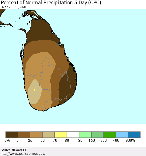 Sri Lanka Percent of Normal Precipitation 5-Day (CPC) Thematic Map For 3/26/2020 - 3/31/2020