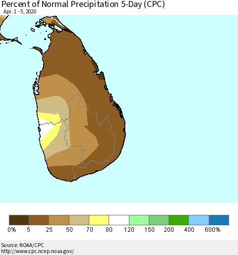 Sri Lanka Percent of Normal Precipitation 5-Day (CPC) Thematic Map For 4/1/2020 - 4/5/2020