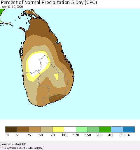 Sri Lanka Percent of Normal Precipitation 5-Day (CPC) Thematic Map For 4/6/2020 - 4/10/2020