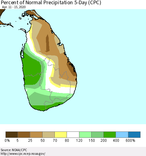 Sri Lanka Percent of Normal Precipitation 5-Day (CPC) Thematic Map For 4/11/2020 - 4/15/2020