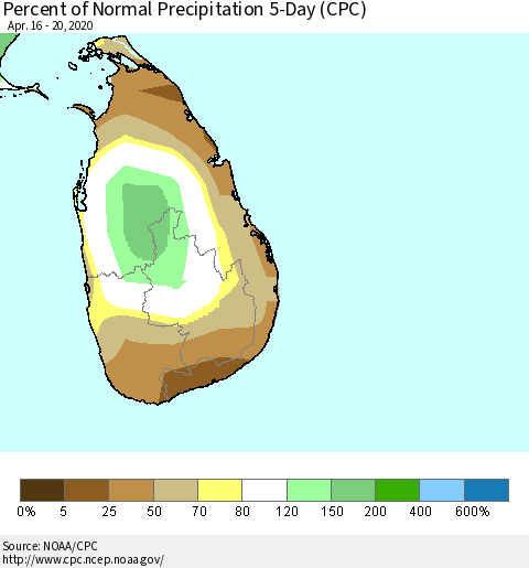 Sri Lanka Percent of Normal Precipitation 5-Day (CPC) Thematic Map For 4/16/2020 - 4/20/2020