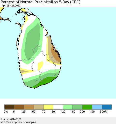 Sri Lanka Percent of Normal Precipitation 5-Day (CPC) Thematic Map For 4/21/2020 - 4/25/2020