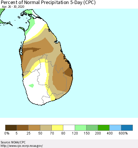 Sri Lanka Percent of Normal Precipitation 5-Day (CPC) Thematic Map For 4/26/2020 - 4/30/2020
