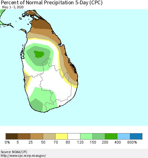 Sri Lanka Percent of Normal Precipitation 5-Day (CPC) Thematic Map For 5/1/2020 - 5/5/2020