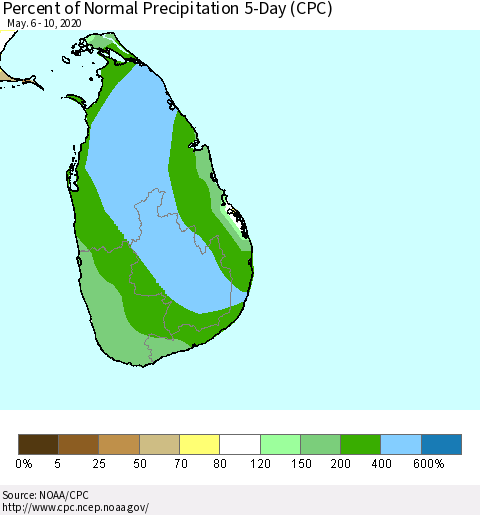 Sri Lanka Percent of Normal Precipitation 5-Day (CPC) Thematic Map For 5/6/2020 - 5/10/2020