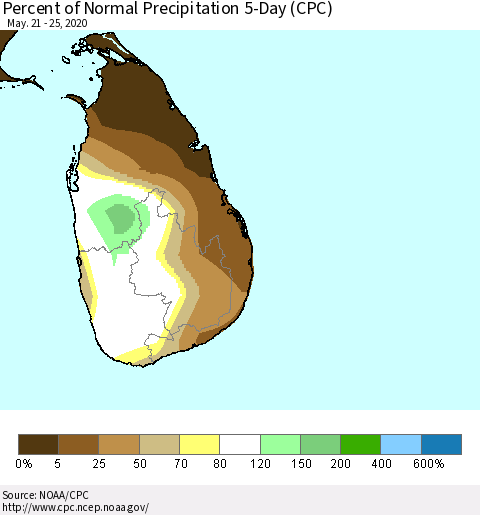 Sri Lanka Percent of Normal Precipitation 5-Day (CPC) Thematic Map For 5/21/2020 - 5/25/2020