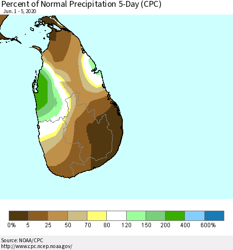 Sri Lanka Percent of Normal Precipitation 5-Day (CPC) Thematic Map For 6/1/2020 - 6/5/2020