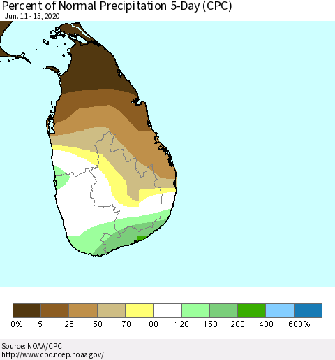 Sri Lanka Percent of Normal Precipitation 5-Day (CPC) Thematic Map For 6/11/2020 - 6/15/2020