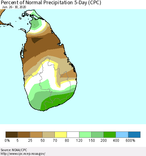 Sri Lanka Percent of Normal Precipitation 5-Day (CPC) Thematic Map For 6/26/2020 - 6/30/2020