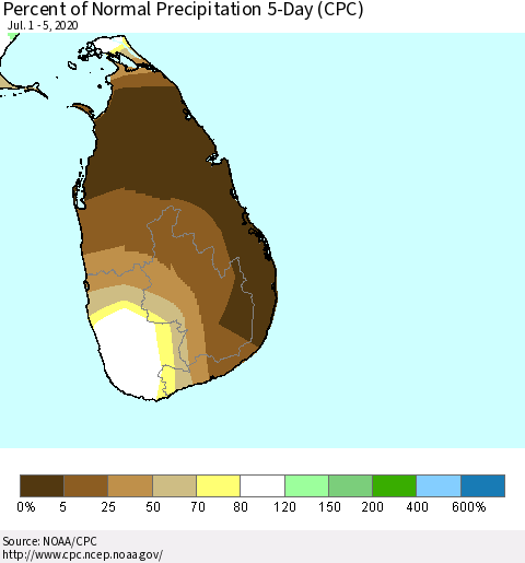 Sri Lanka Percent of Normal Precipitation 5-Day (CPC) Thematic Map For 7/1/2020 - 7/5/2020
