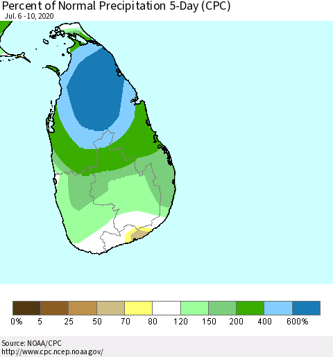 Sri Lanka Percent of Normal Precipitation 5-Day (CPC) Thematic Map For 7/6/2020 - 7/10/2020