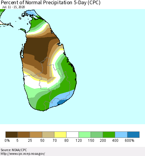 Sri Lanka Percent of Normal Precipitation 5-Day (CPC) Thematic Map For 7/11/2020 - 7/15/2020