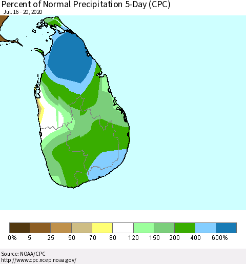 Sri Lanka Percent of Normal Precipitation 5-Day (CPC) Thematic Map For 7/16/2020 - 7/20/2020